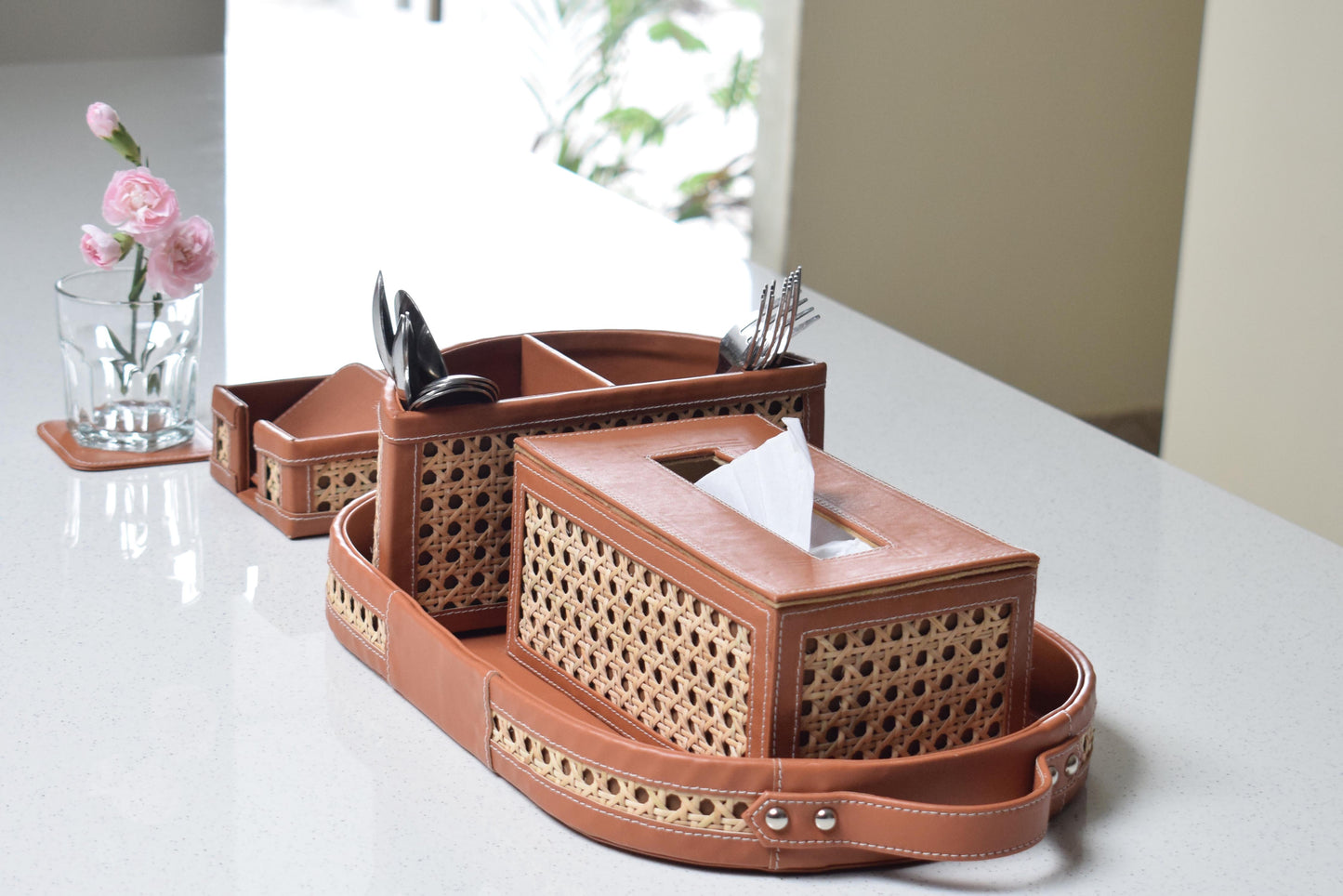 Cane & Leatherette Dining Set